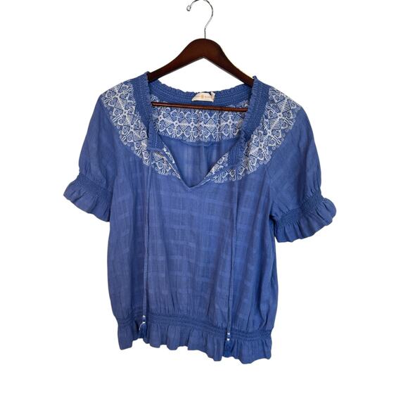 TORY BURCH Nina Short Sleeve 100% Cotton Peasant Blouse Size Large EUC $255 MSRP - Picture 2 of 8